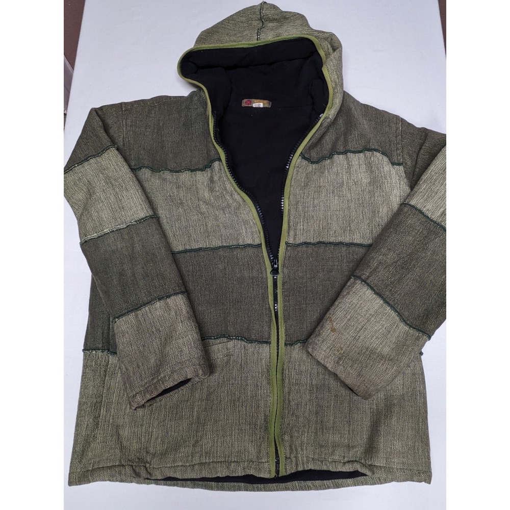 Shanti Nepal Womens L Green Patchwork Fleece Lined Hooded‎ Zip Up Boho Jacket